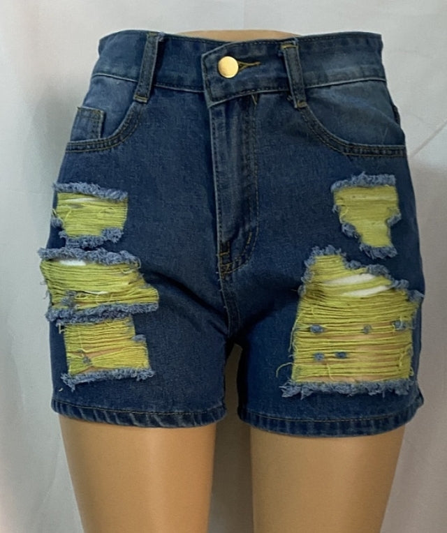 Distressed Denim Shorts with Yellow