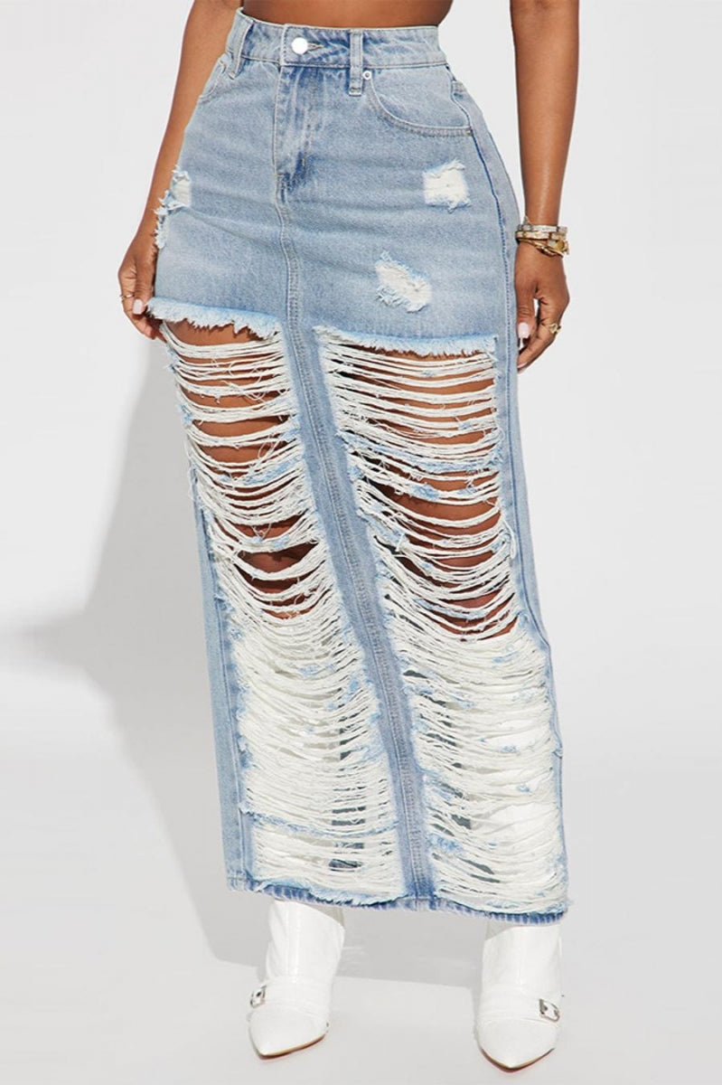 Distressed Denim Maxi Skirt