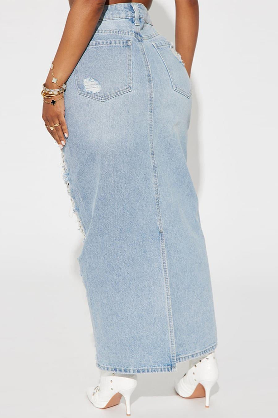 Distressed Denim Maxi Skirt