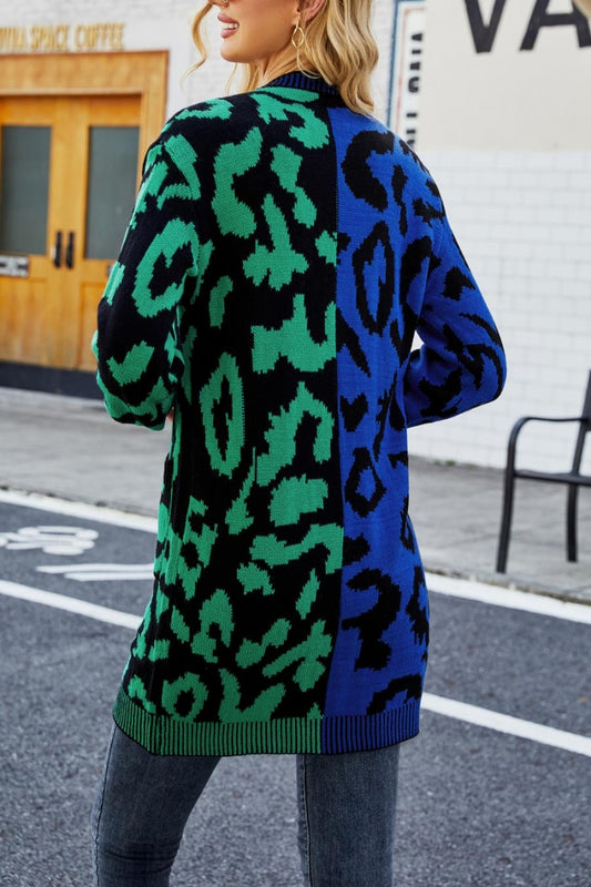 Blue/Green Contrast Leopard Sweater