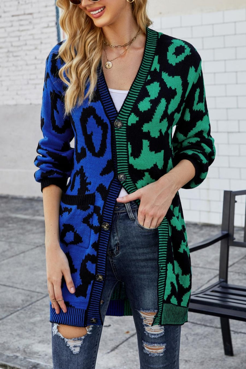 Blue/Green Contrast Leopard Sweater