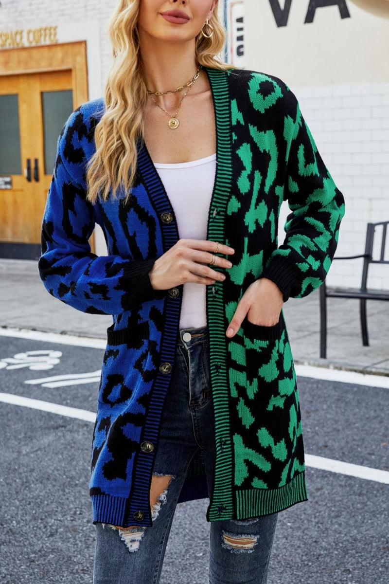 Blue/Green Contrast Leopard Sweater