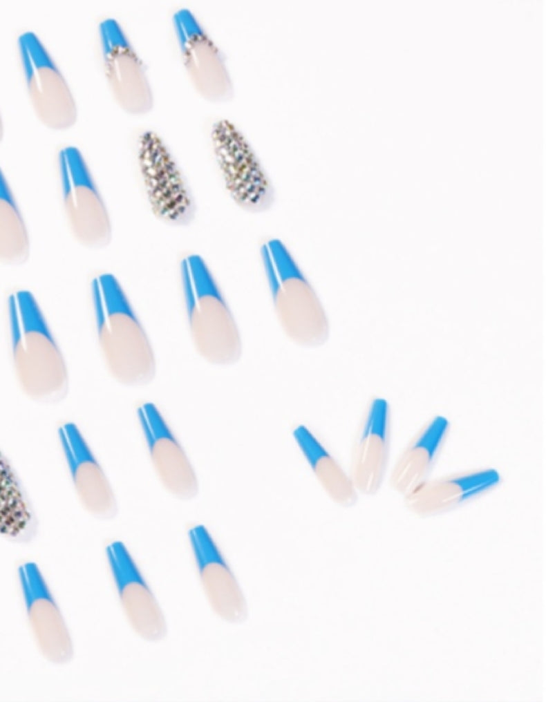 Blue Rhinestone Press On Nails